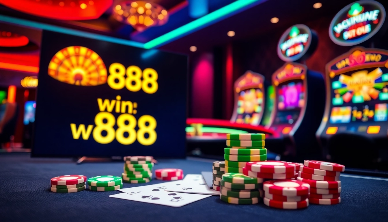 Experience the thrill of win 888 casino with vibrant gaming visuals featuring poker chips and roulette.