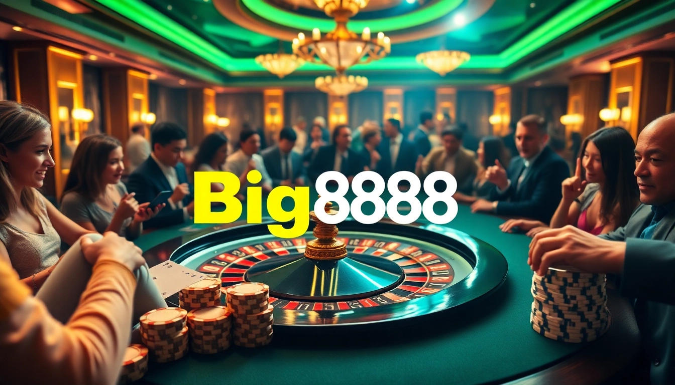 Engaged players enjoying casino excitement at a Big888 roulette table with poker chips.