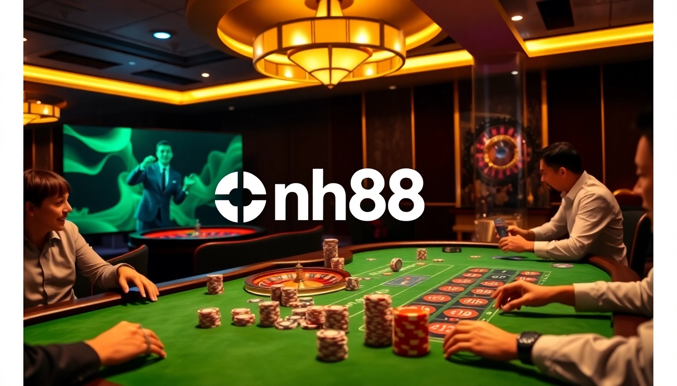 Players enjoying nh88 casino games at a vibrant poker table in a luxurious setting.
