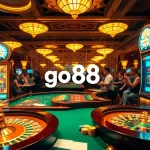 Experience the thrill of go 88 at a luxurious casino table with vibrant chips and roulette wheels.