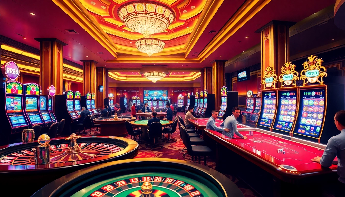 Exciting RR88 casino scene with players enjoying games like roulette and poker.