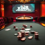 Players enjoying a thrilling poker game at a luxurious casino, featuring https://xin88.icu/ for online excitement.