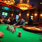 Experience an exciting poker table scene at nk88 casino with vibrant chips and players.