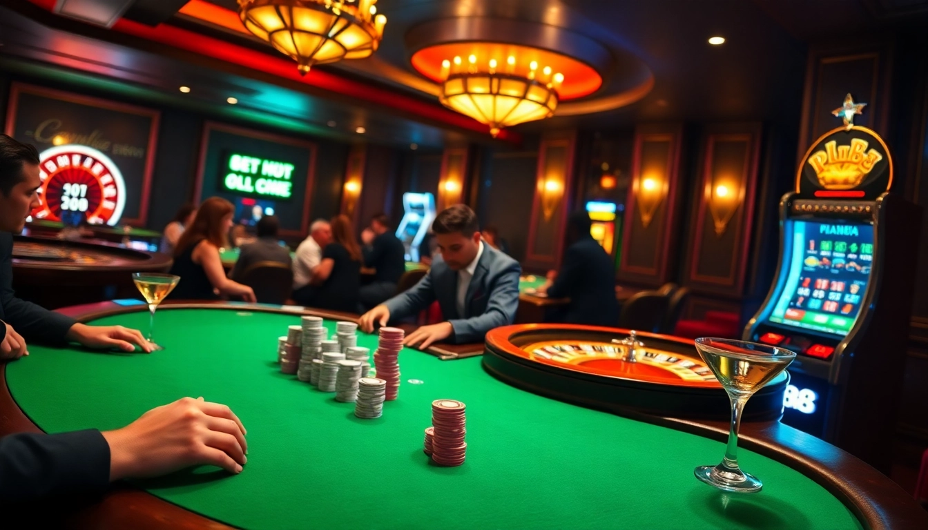 Experience an exciting poker table scene at nk88 casino with vibrant chips and players.