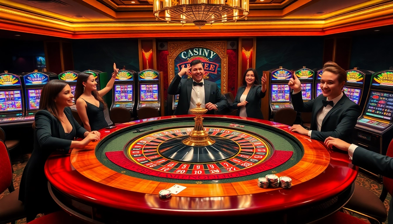 Players celebrating wins at a luxurious casino table highlighting the essence of lucky.win.