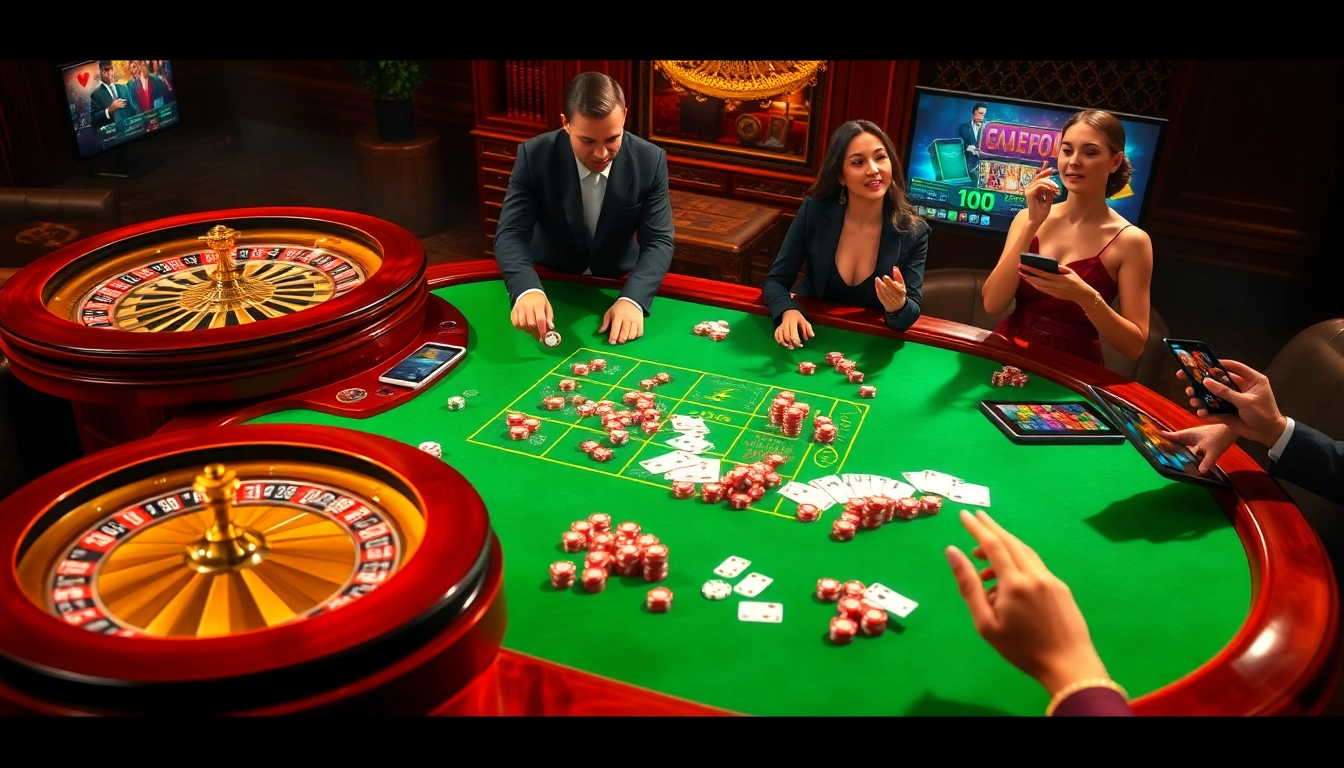 Experience high-stakes play at https://777vip.dev/ with players enjoying luxurious casino elements like poker chips and roulette wheels.
