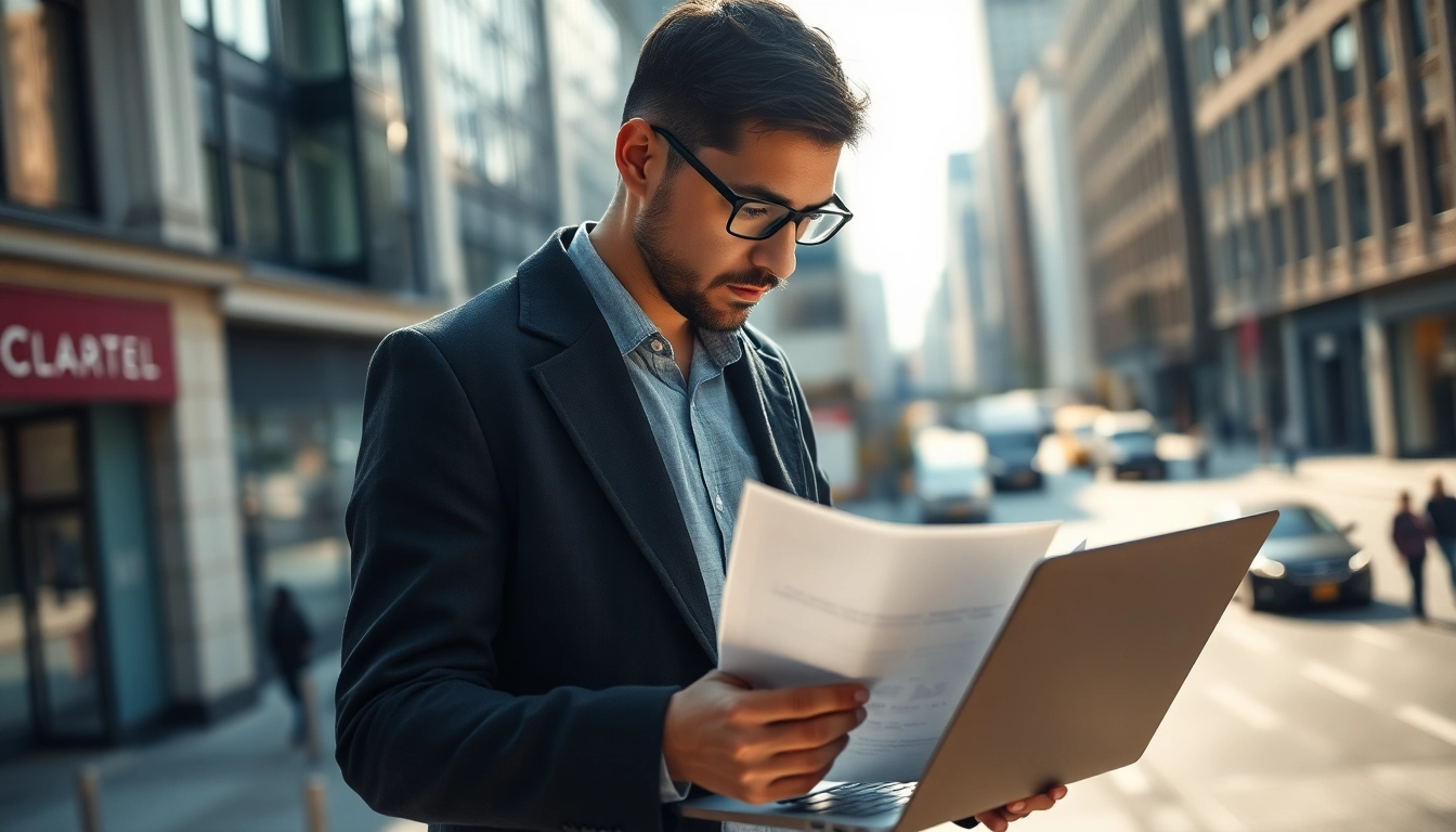 Conducting private investigations with a focused investigator analyzing documents in an urban setting.