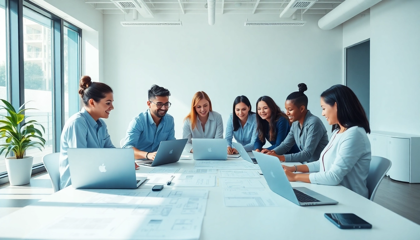 Team providing website development services while brainstorming innovative solutions in a bright office.