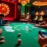 Exciting players engage in Tài Xỉu MD5 at a luxurious casino, showcasing betting chips and dice.