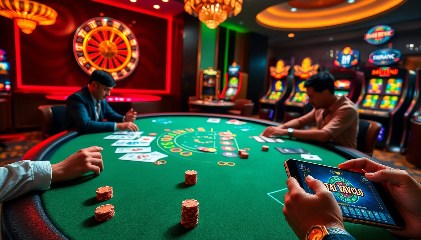 Exciting players engage in Tài Xỉu MD5 at a luxurious casino, showcasing betting chips and dice.
