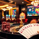 Thương hiệu PG99 shines in a luxurious casino setting with roulette and slot machines.