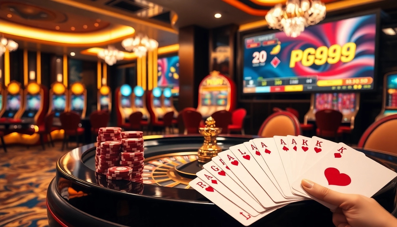 Thương hiệu PG99 shines in a luxurious casino setting with roulette and slot machines.
