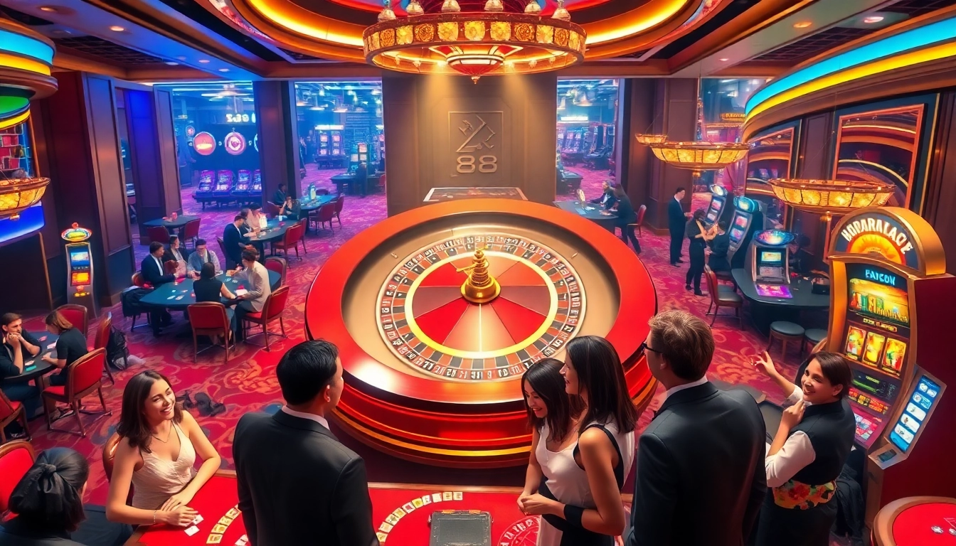 Excited gamblers engaging at a luxurious casino featuring xo88 games and vibrant atmosphere.