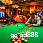 Players engaging at a poker table with good88 chips, illuminating an exciting casino atmosphere.