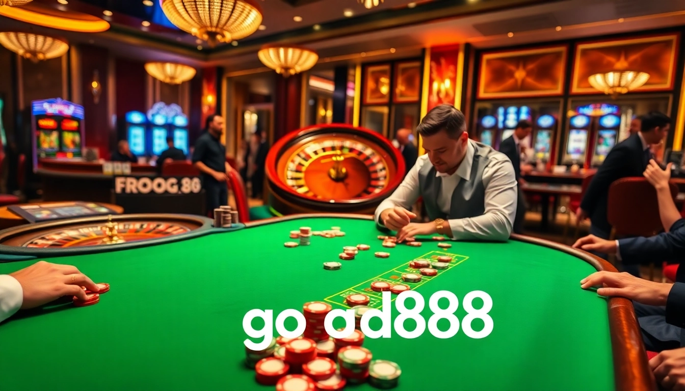 Players engaging at a poker table with good88 chips, illuminating an exciting casino atmosphere.