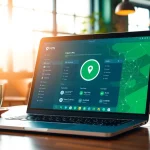 快连VPN 应用在舒适的咖啡店里的一台时尚笔记本电脑上显示，象征安全的在线连接。