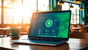 快连VPN 应用在舒适的咖啡店里的一台时尚笔记本电脑上显示，象征安全的在线连接。