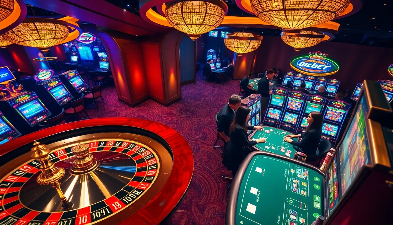 Exciting gaming action at nhà cái 88BET with players at poker tables and vibrant slot machines.