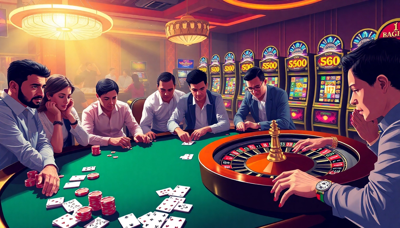 Captivating casino atmosphere featuring poker and slot machines, highlighting MB66 as a winning strategy.