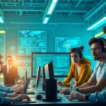 Dynamic team brainstorming game AI concepts in a futuristic setting.