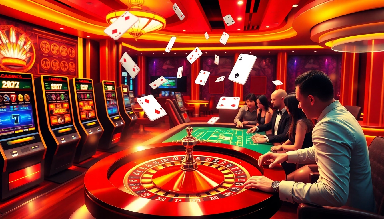 Vibrant online gambling scene featuring players at https://kuwin1.club/ with slot machines, roulette, and digital betting.