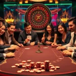 Nestled in an upscale casino, players enjoy a thrilling poker game with nhât víp chips under vibrant neon lights.