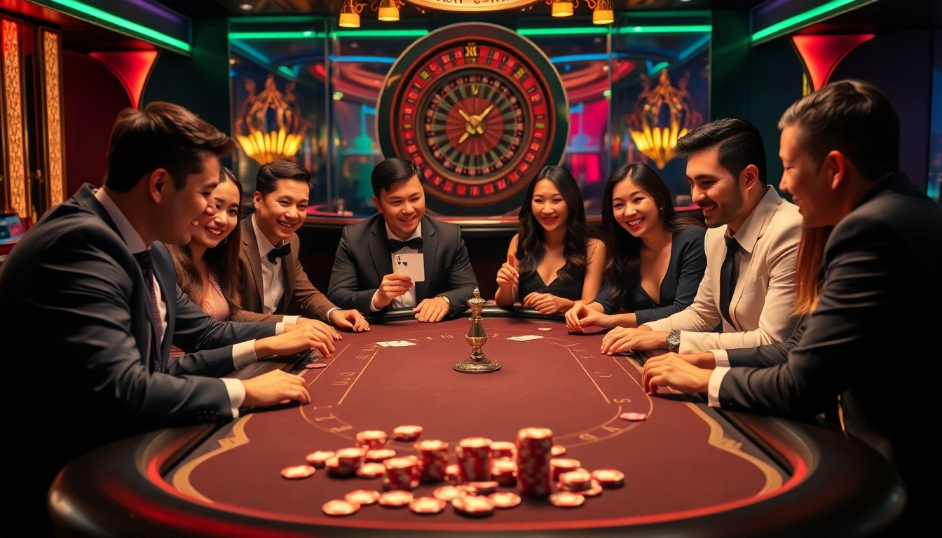 Nestled in an upscale casino, players enjoy a thrilling poker game with nhât víp chips under vibrant neon lights.
