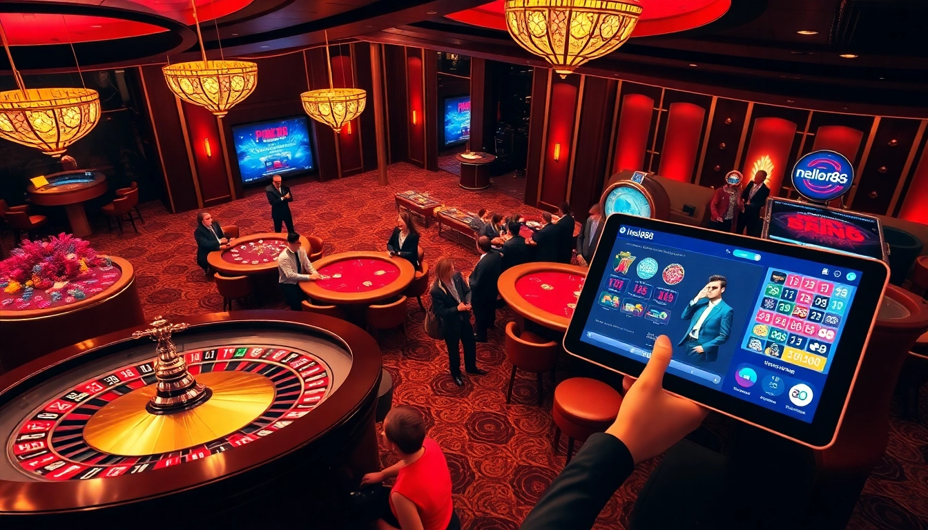 Engaging casino scene showcasing hello88 with roulette and poker tables in a luxurious setting.