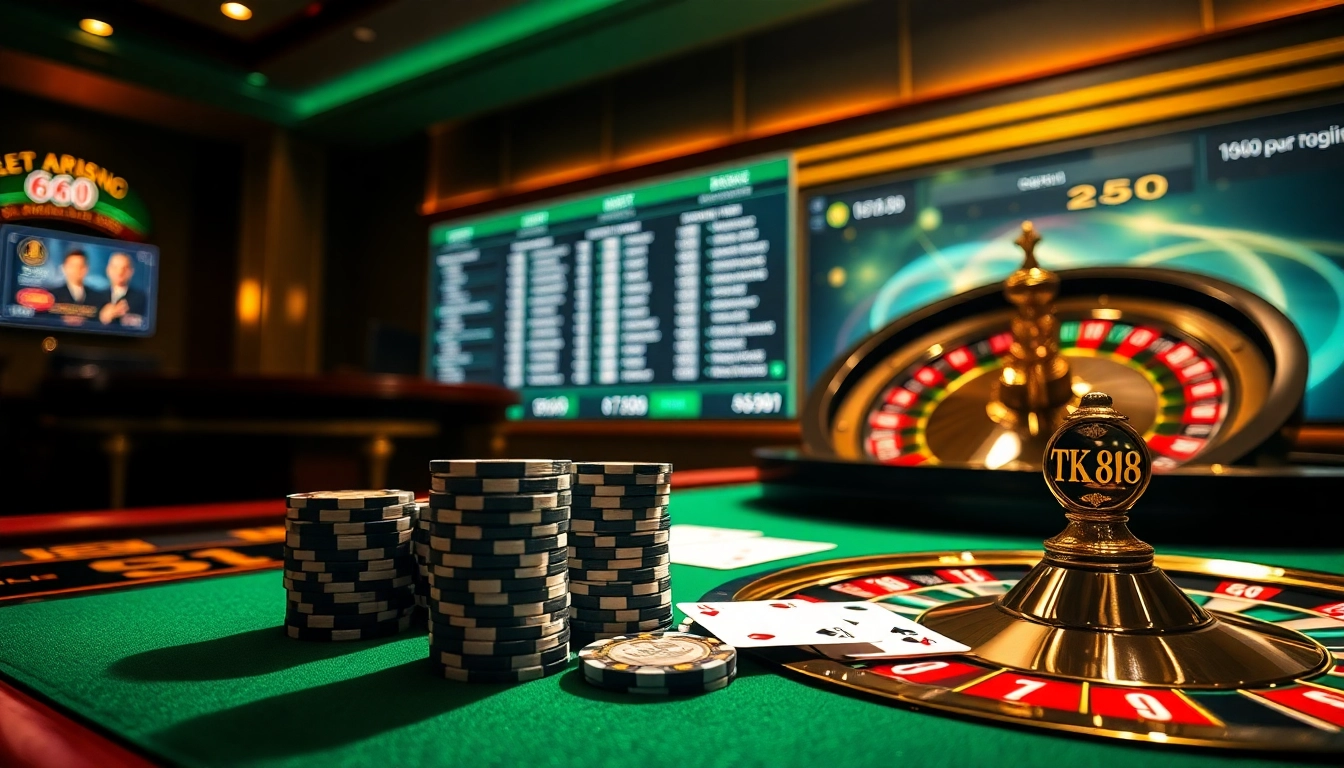 Experience the thrill of gambling with TK88 poker chips at a luxurious casino table.
