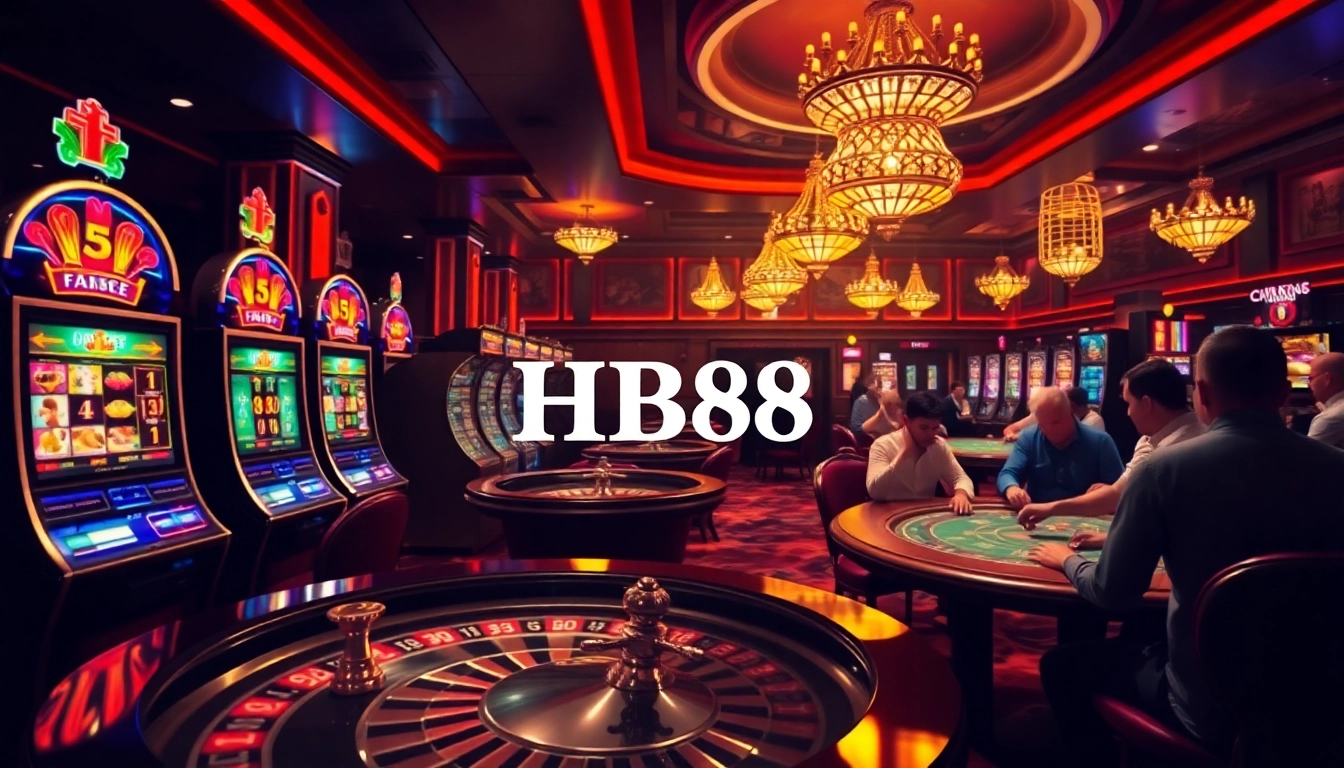 Players enjoying the excitement of HB88 at a vibrant casino with slots and poker tables.