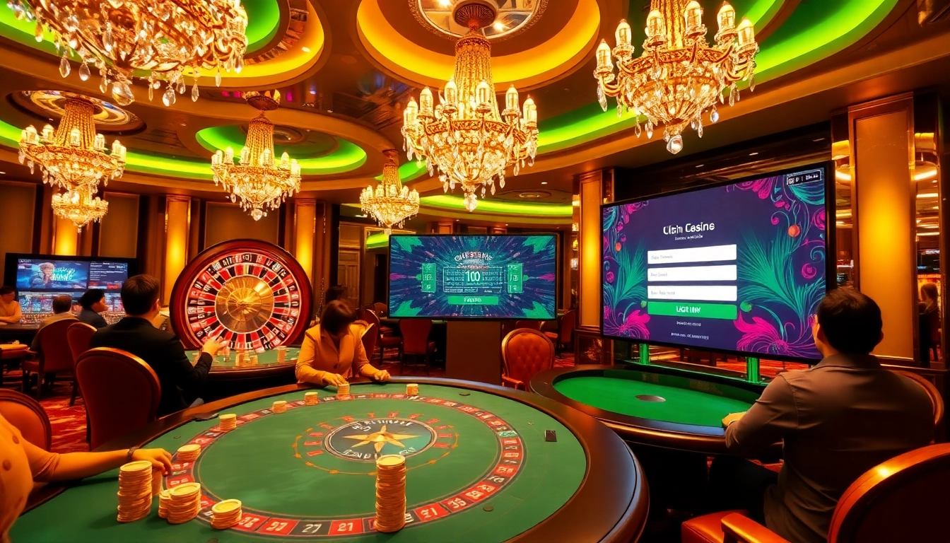 Login screen integrated in a luxurious casino setting with poker players and roulette wheel.