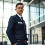 Hire security guard standing confidently in a modern office lobby, ensuring safety and professionalism.