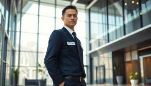 Hire security guard standing confidently in a modern office lobby, ensuring safety and professionalism.