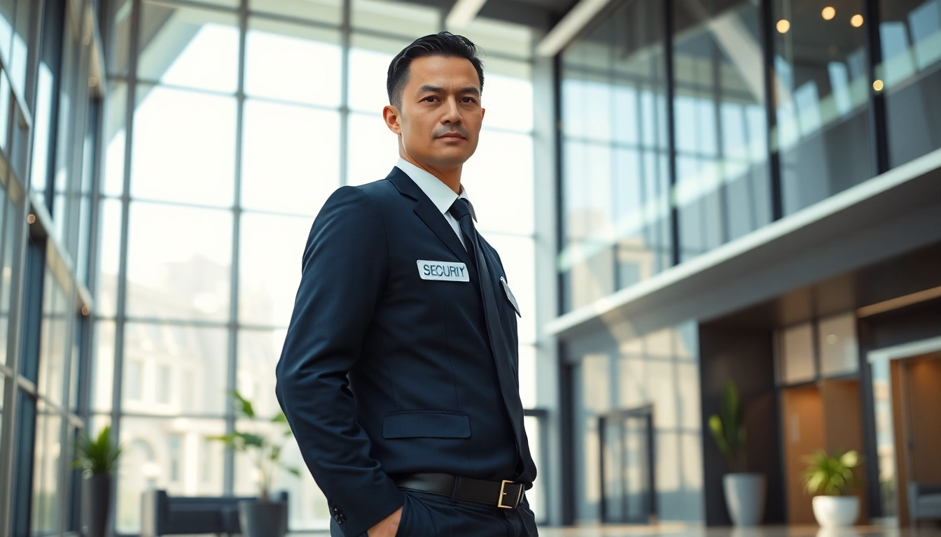 Hire security guard standing confidently in a modern office lobby, ensuring safety and professionalism.