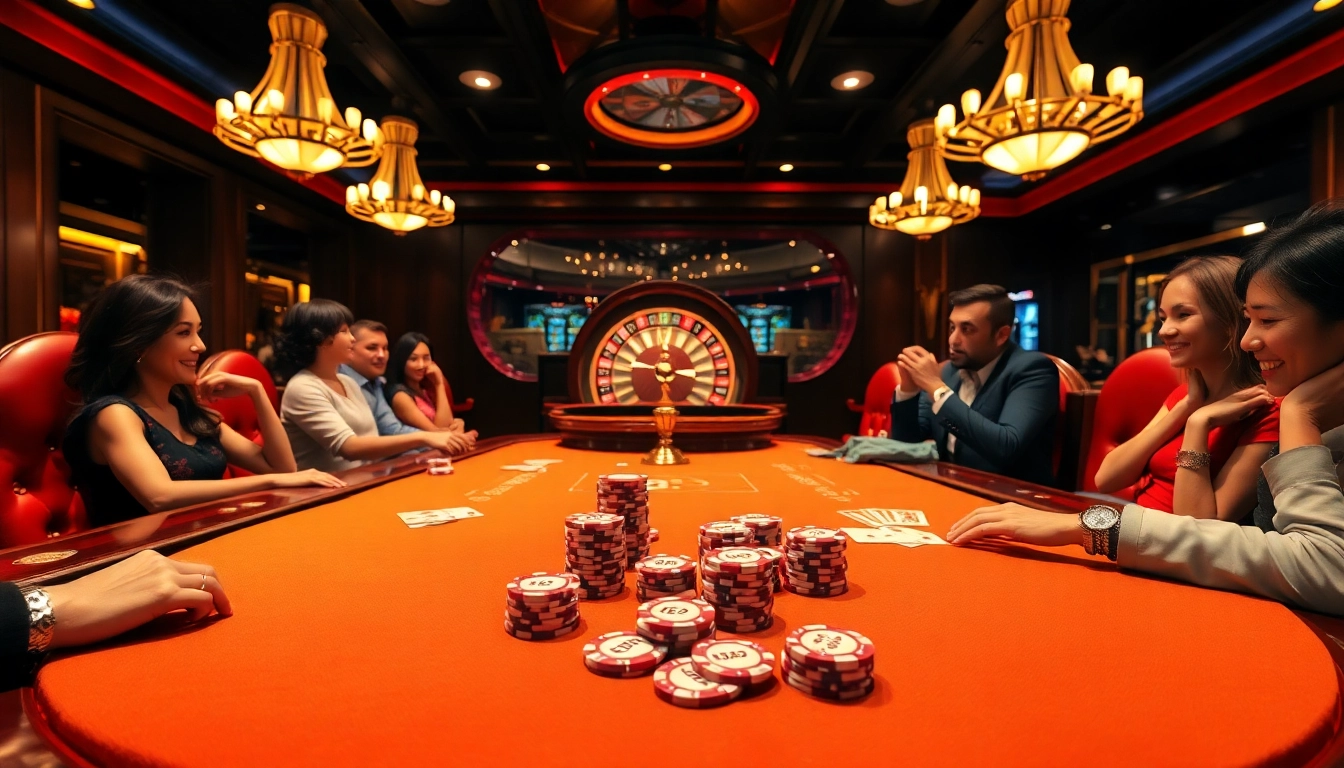 Tg88.com poker table scene with vibrant action, high-end chips, and roulette wheel in an upscale casino.