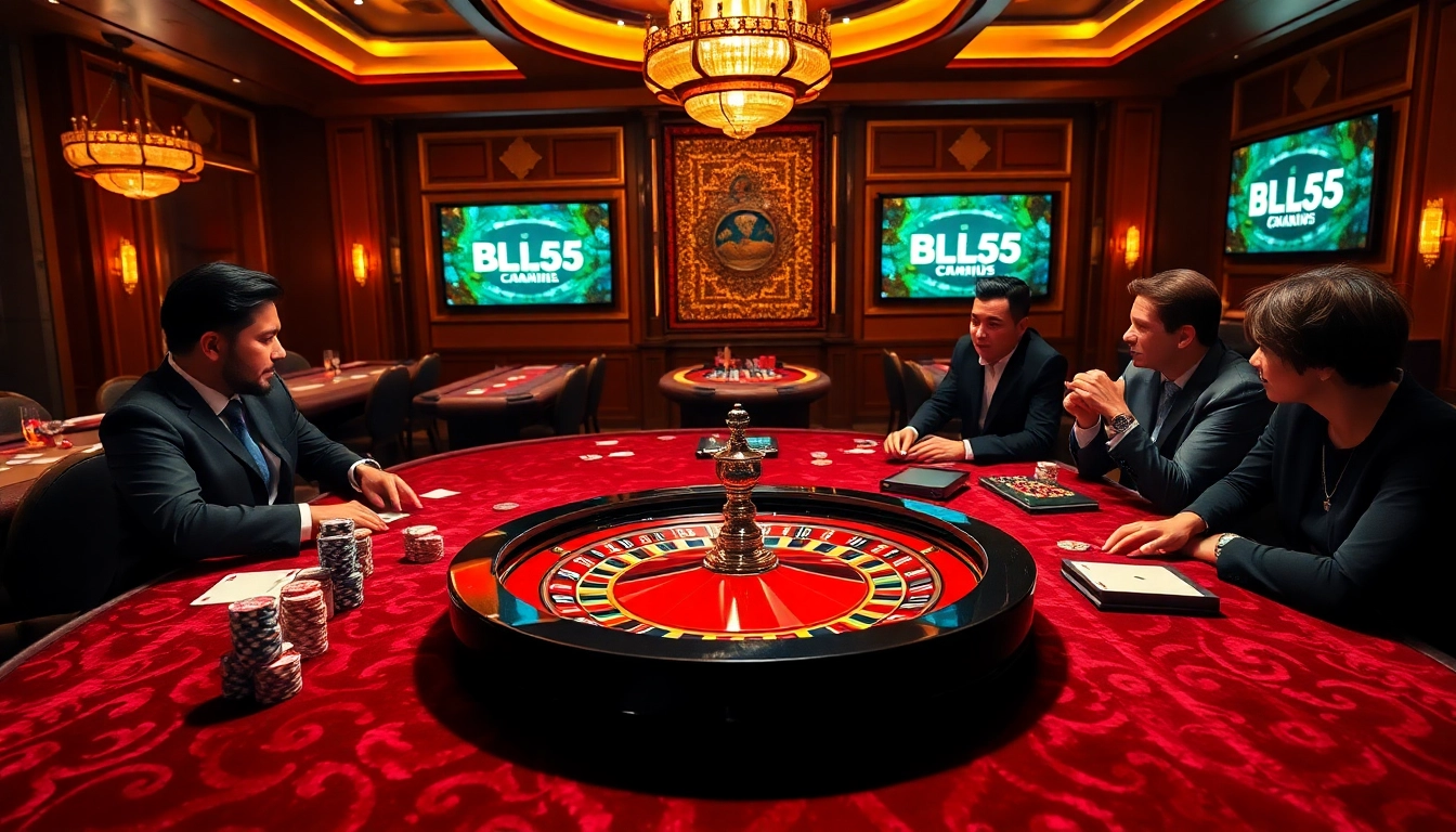 Experience the excitement of BL555 in this luxurious casino scene with poker and roulette elements.