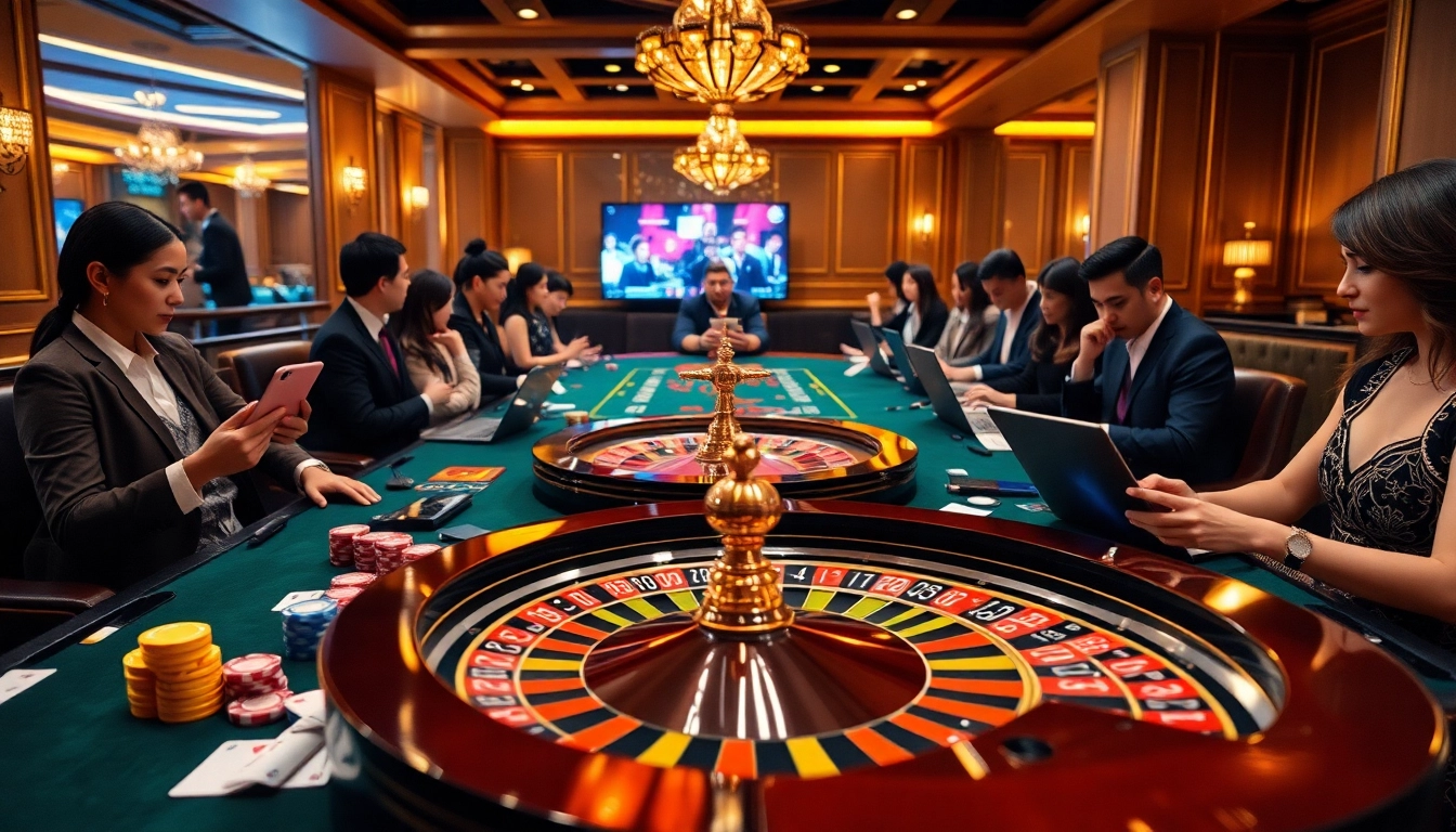 Experience the thrill of gg88 live with players at an elegant casino table filled with vibrant chips and cards.