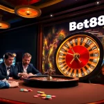 Bet88 logo shines above a thrilling casino gaming table filled with colorful poker chips and spinning roulette.