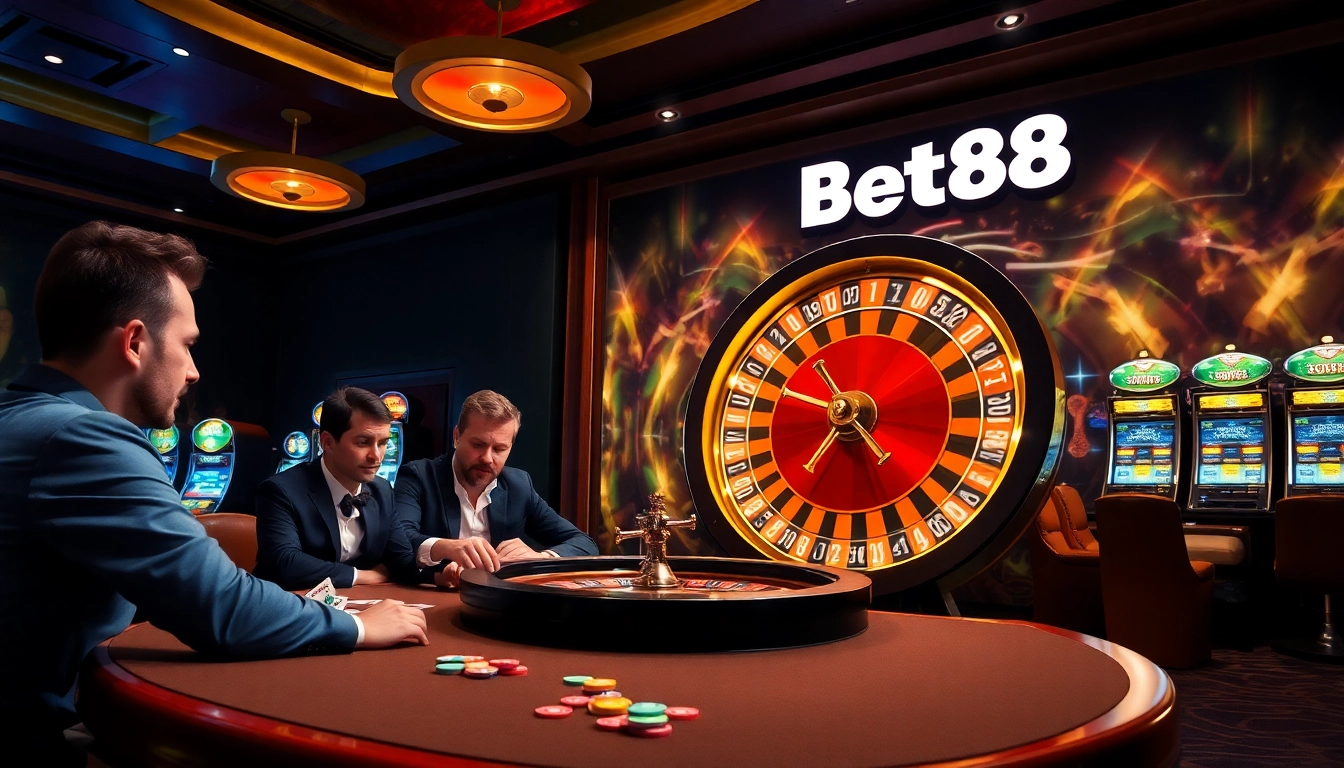 Bet88 logo shines above a thrilling casino gaming table filled with colorful poker chips and spinning roulette.