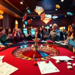 Exciting CM88 casino scene with players at a gaming table, surrounded by vibrant poker chips and roulette.