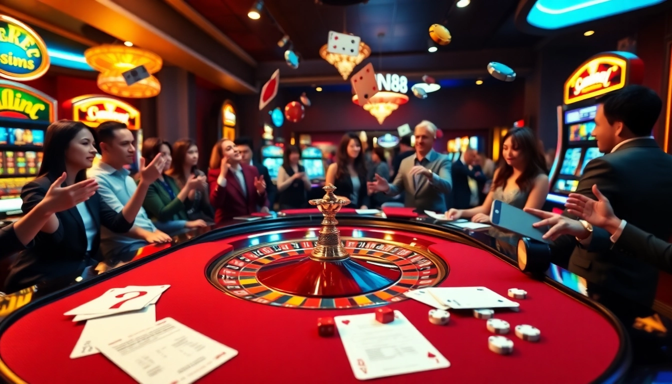 Exciting CM88 casino scene with players at a gaming table, surrounded by vibrant poker chips and roulette.