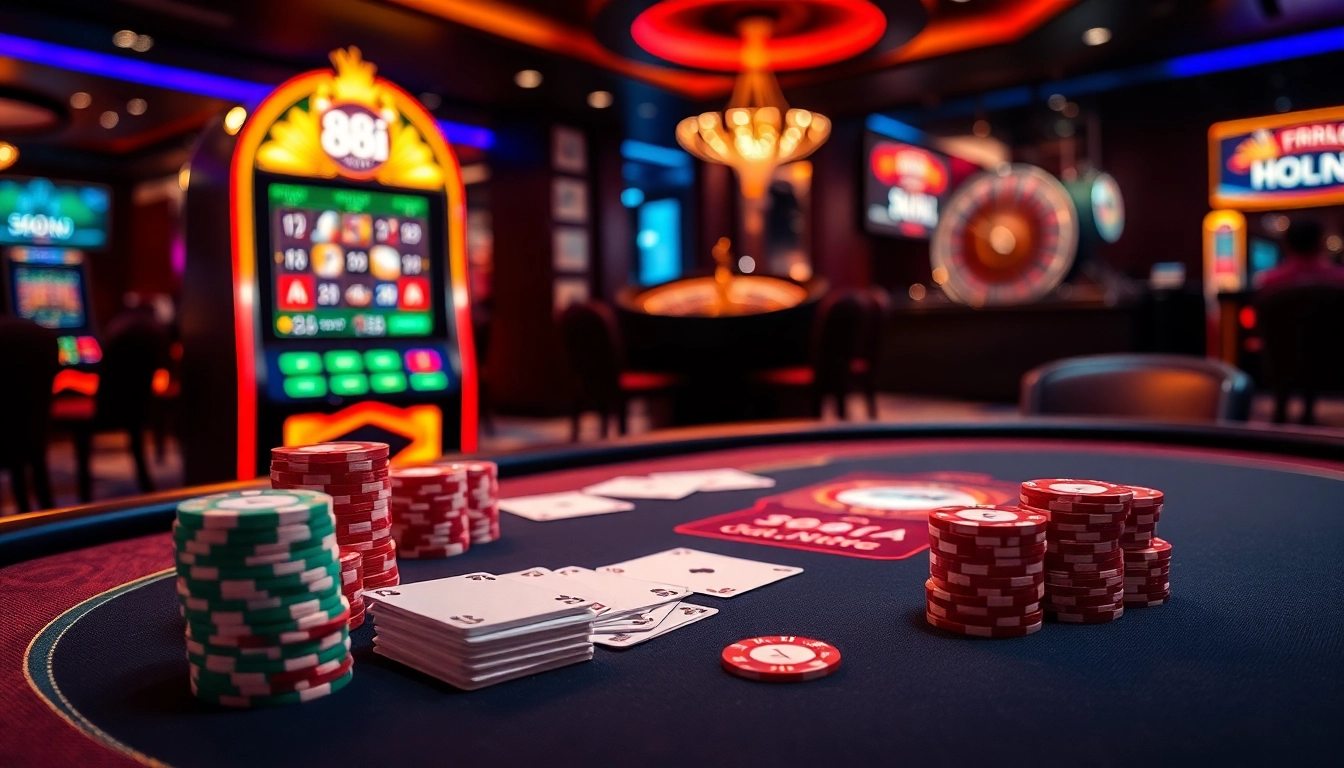 Engaging scene of online gambling at 88i with poker table, colorful chips, and a spinning roulette wheel.