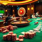 Gamblers enjoying vibrant casino games at https://rr88a.us.com/, featuring poker chips and roulette tables.