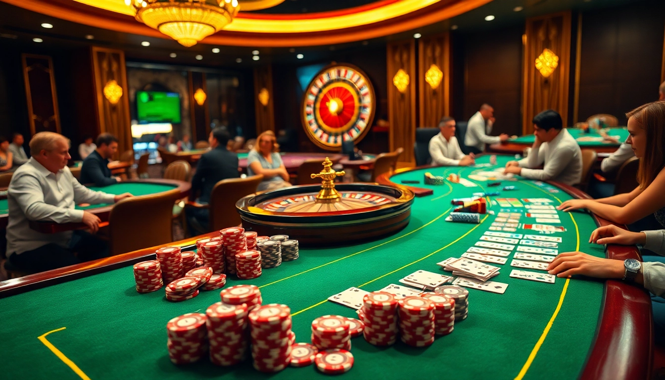 Gamblers enjoying vibrant casino games at https://rr88a.us.com/, featuring poker chips and roulette tables.