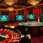 Players engaging in a thrilling game at Luck8 casino tables filled with colorful chips and cards.