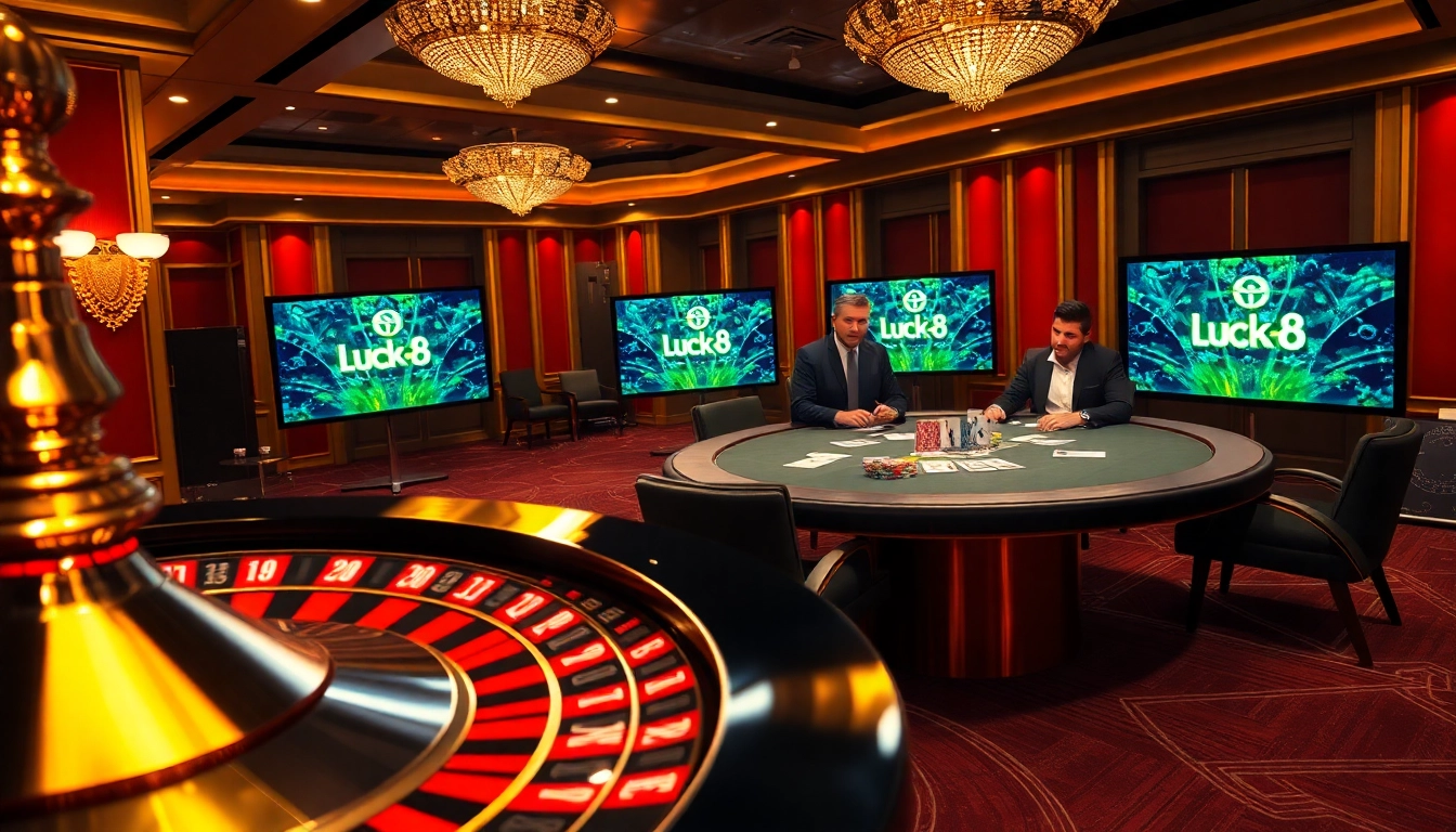Players engaging in a thrilling game at Luck8 casino tables filled with colorful chips and cards.