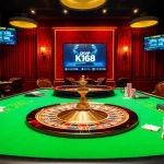 Engage in thrilling gameplay at okvip f168's luxurious poker table, featuring vibrant chips and cards.