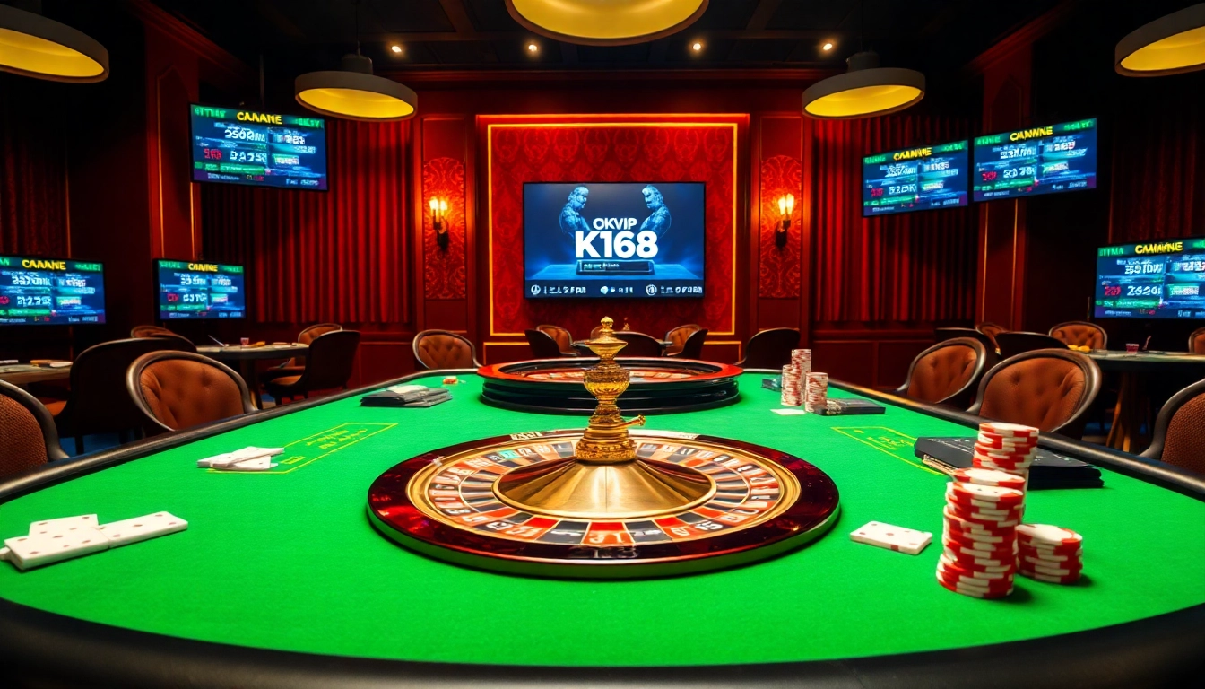 Engage in thrilling gameplay at okvip f168's luxurious poker table, featuring vibrant chips and cards.