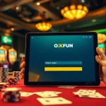 Experience the excitement of OKFUN đăng ký with players at a glamorous casino table and vibrant gambling elements.