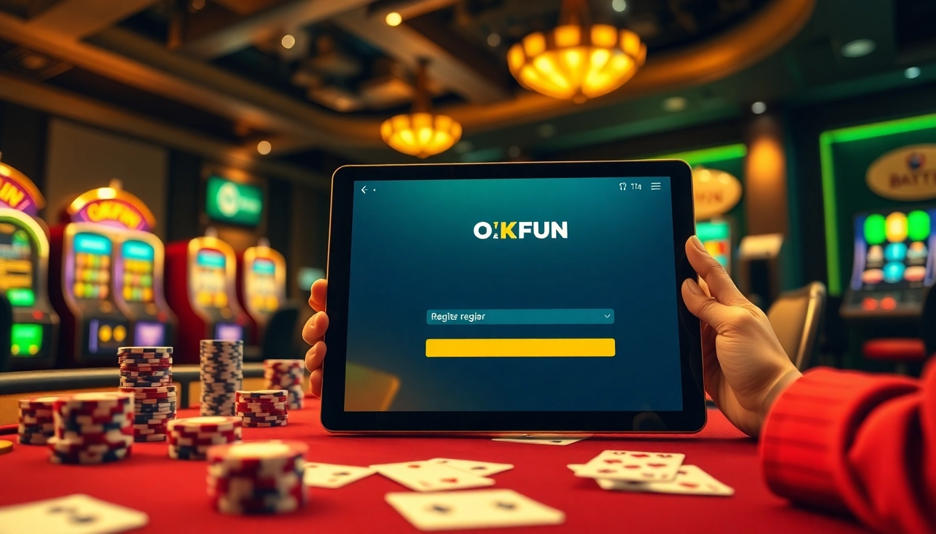Experience the excitement of OKFUN đăng ký with players at a glamorous casino table and vibrant gambling elements.